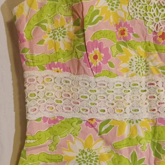 🎁🩷💚⚜️Lilly Pulitzer⚜️🩷💚Shift Dress Pink Green Gator Sleeveless Lace Size 8 - Picture 9 of 13